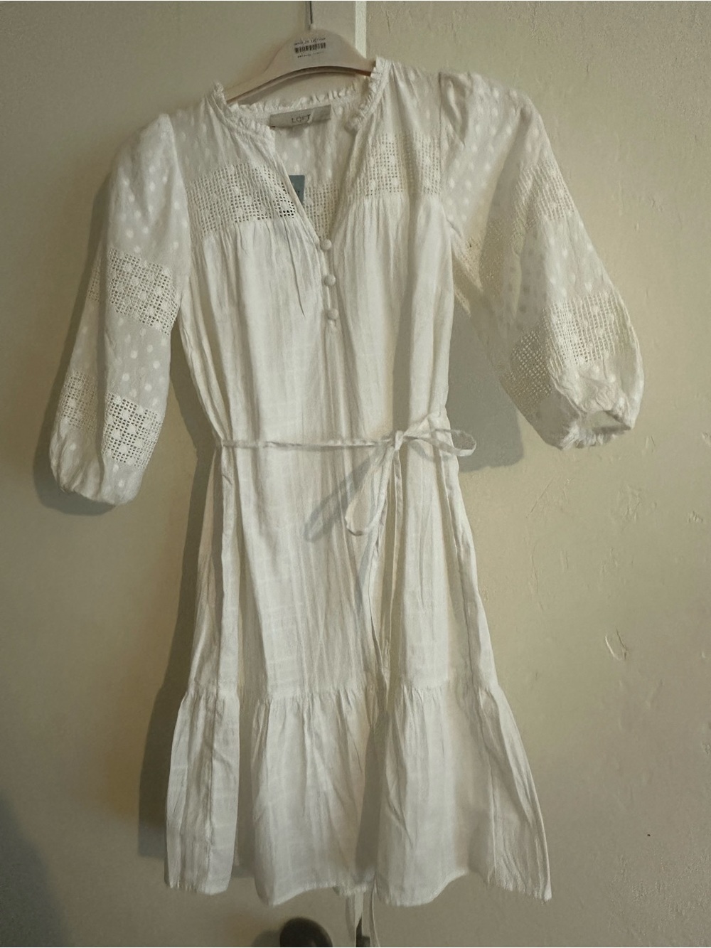 LOFT White Eyelet Tiered Midi Dress with Self-Tie Waist